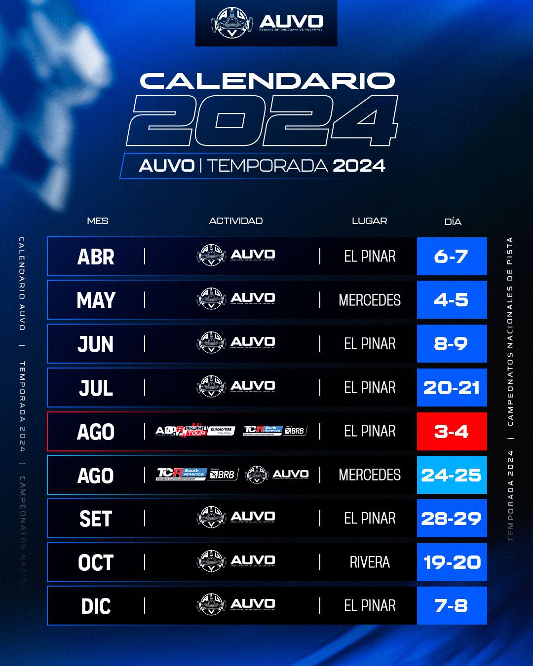 Calendario tentative de AUVO para el 2024