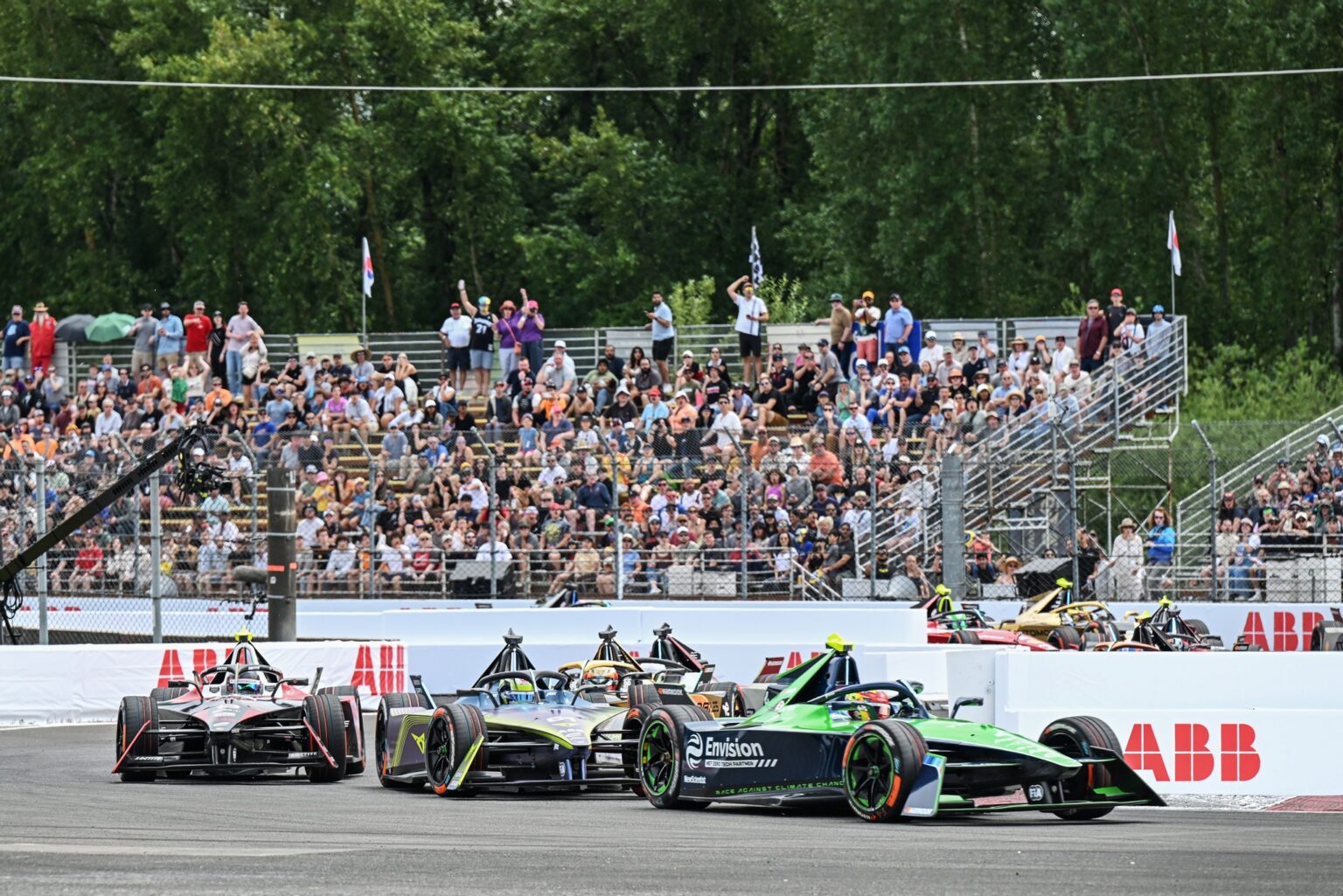 Robin Frijns, Envision Racing, Jaguar I-TYPE 6, leads Nico Muller, ABT CUPRA Formula E Team, M9Electro, and Antonio Felix da Costa, TAG Heuer Porsche Formula E Team, Porsche 99X Electric Gen3