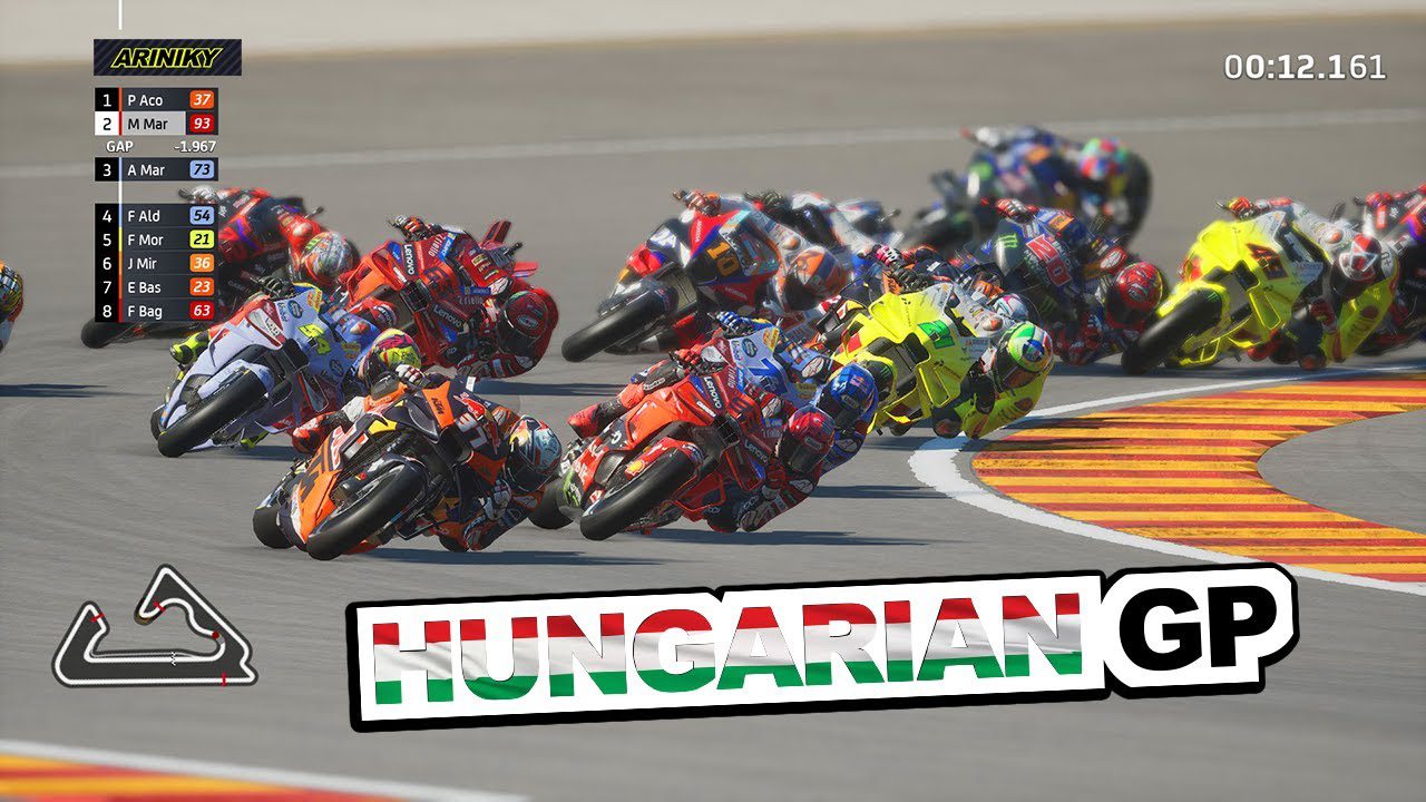 04 pilotos tomando la primera curva en la carrera sprint del gran premio de hungría de motogp 2025