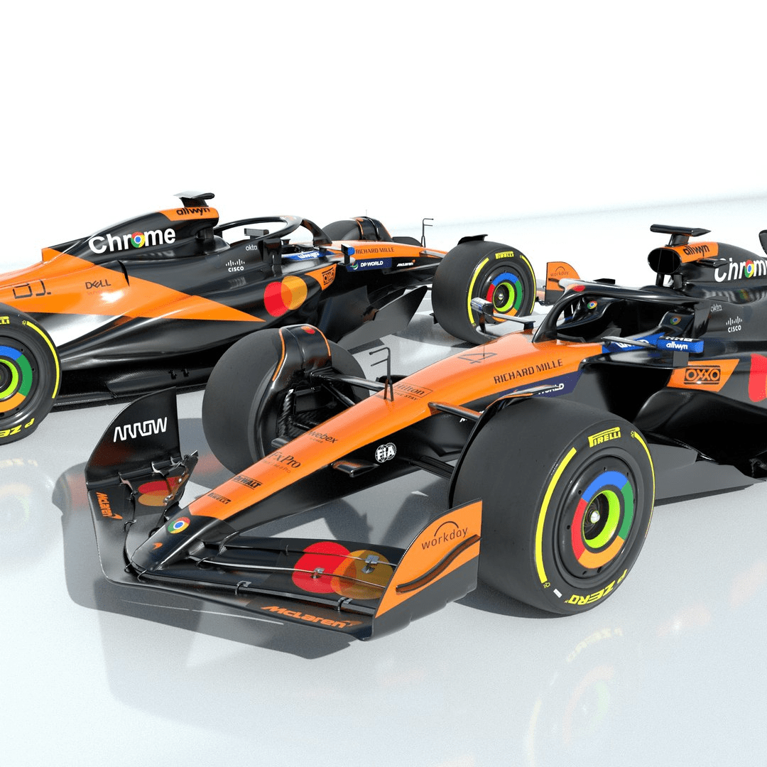 02 el mclaren mcl39 2025 de fórmula 1 presenta un diseño aerodinámico actualizado y una decoración de patrocinio.