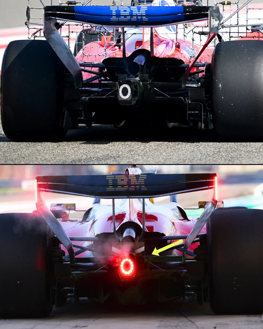 Detalle técnico del innovador sistema de ala trasera que rota 180 grados del Ferrari SF-26 probado por Lewis Hamilton durante la sesión matutina