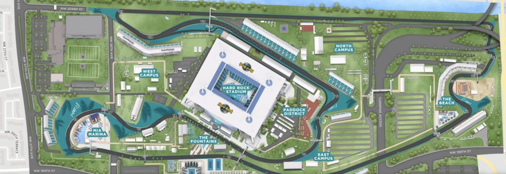 Vista aérea del Autódromo Internacional de Miami con el Hard Rock Stadium. Trazado completo .